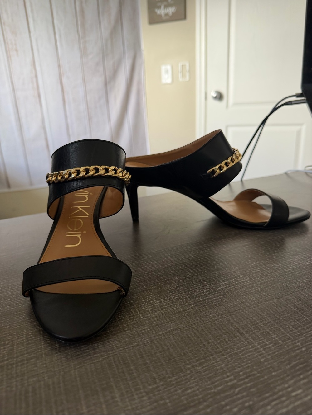 Calvin Klein Black Leather Chain Detail Heel Mules Size 8